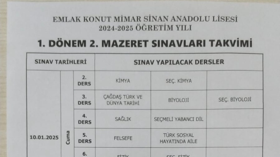 1. Dönem 2. Mazeret Sınavları Takvimi