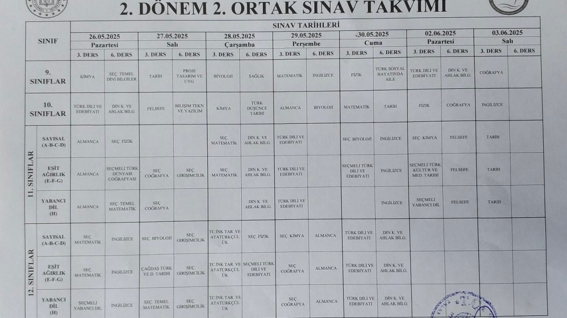 2. DÖNEM 2. ORTAK SINAV TAKVİMİ