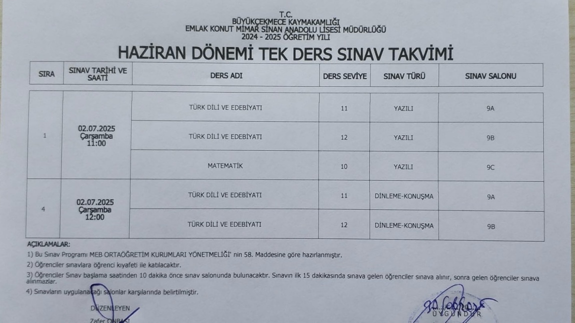 HAZİRAN DÖNEMİ TEK DERS SINAV TAKVİMİ